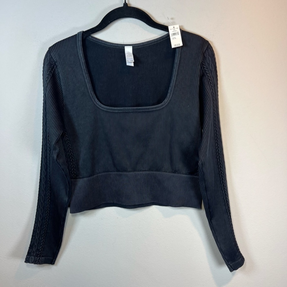 Offline By Aerie Seamless Cable Square Neck Ribbed Shirt Black Fall Sport NEW XL